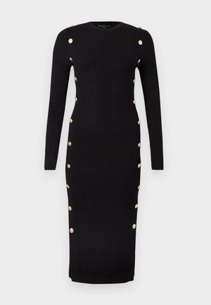 Schwarzes, geripptes Midikleid aus Strick mit langen Ärmeln und goldfarbenen Zierknöpfen an den Seiten und Schultern.