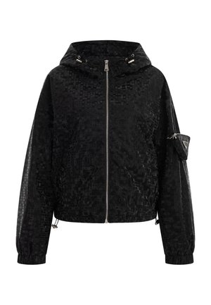 Black, hooded jacket made of textured fabric with a geometric pattern. Features a front zipper and a side pocket with metallic accent.