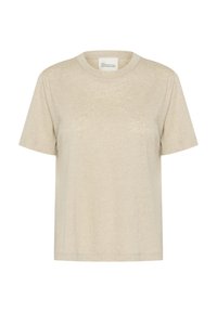 Beige short-sleeve t-shirt in a soft, textured fabric. Crew neck and relaxed fit with minimal seams and no visible embellishments.