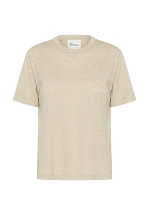 Beige short-sleeve t-shirt in a soft, textured fabric. Crew neck and relaxed fit with minimal seams and no visible embellishments.