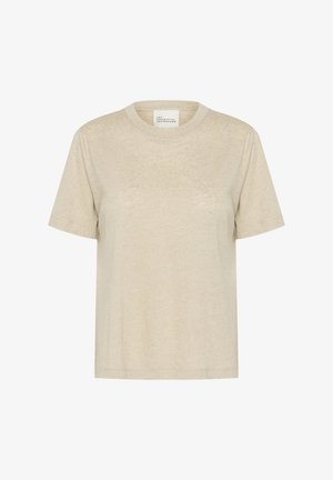 Kreemikarva lühikeste varrukatega t-särk pehmest, tekstuurses kangas. Ümar kaelus ja mugav lõige minimaalse õmbluste arvu ning nähtavate kaunistusteta.