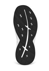 Schwarze Gummisohle mit strukturiertem Profilmuster, die weiße Akzente und Rillen für besseren Halt aufweist. Abgerundete Form mit glattem Rand.