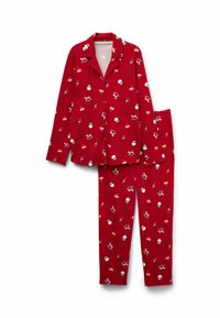 Rode pyjamahuisstijl met speelse patronen van appels, hoeden en handschoenen. Zachte stof, lange mouwen, knoopsluiting en bijpassende broek.