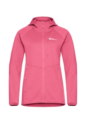Roze fleece jack met capuchon, ritssluiting aan de voorkant, textuur stof, twee zijzakken en een logo op de linkerborst.