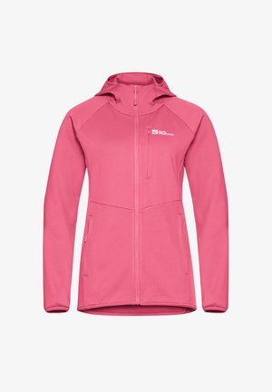 Roze fleece jack met capuchon, ritssluiting aan de voorkant, textuur stof, twee zijzakken en een logo op de linkerborst.