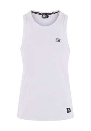 White sleeveless tank top in a ribbed texture, featuring a small black logo on the chest and a label at the bottom corner.