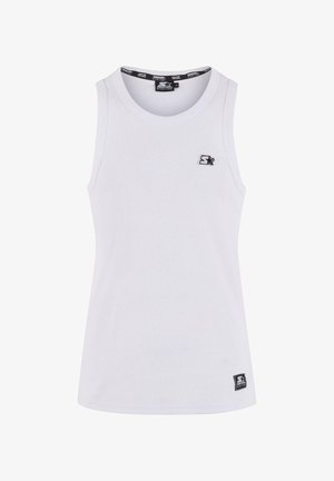 White sleeveless tank top in a ribbed texture, featuring a small black logo on the chest and a label at the bottom corner.