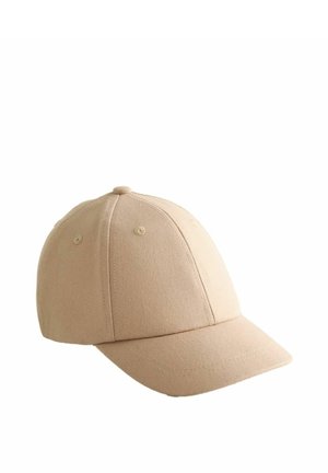 Casquette de baseball en coton beige avec un design de panneaux cousus et une visière incurvée, présentée sur fond blanc.