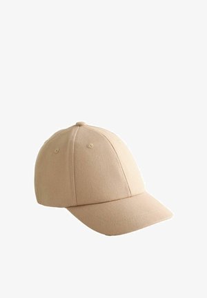 Beige bomulds baseballkasket med synligt syet paneldesign og buet skygge, vist på hvid baggrund.