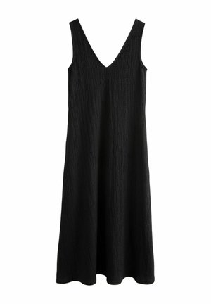 Schwarzes Midi-Kleid aus strukturiertem Stoff mit tiefem V-Ausschnitt und breiten Schulterträgern. Fällt locker bis zum Saum.