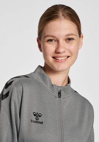 Grå zipperjakke med høj krave, prydet med sort branding og hardwaredetaljer samt sorte striber på skuldrene. Letvægtsmateriale.