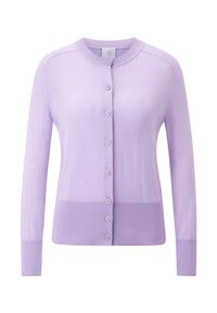 Lila Strickjacke aus weichem Strickmaterial, mit Rundhalsausschnitt, Knopfverschluss, langen Ärmeln und gerippten Bündchen sowie Saum für Textur.