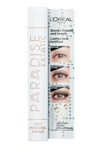 Il primer mascara Paradise Exstatic 2-in-1 di L'Oréal Paris in confezione bianca e oro rosa, con immagini degli occhi prima e dopo e dettagli sul prodotto.
