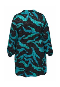 Sort langærmet kjole med elastisk talje, der har abstrakte turkis- og teal-bølgedesigns samt subtile prikkede teksturer.