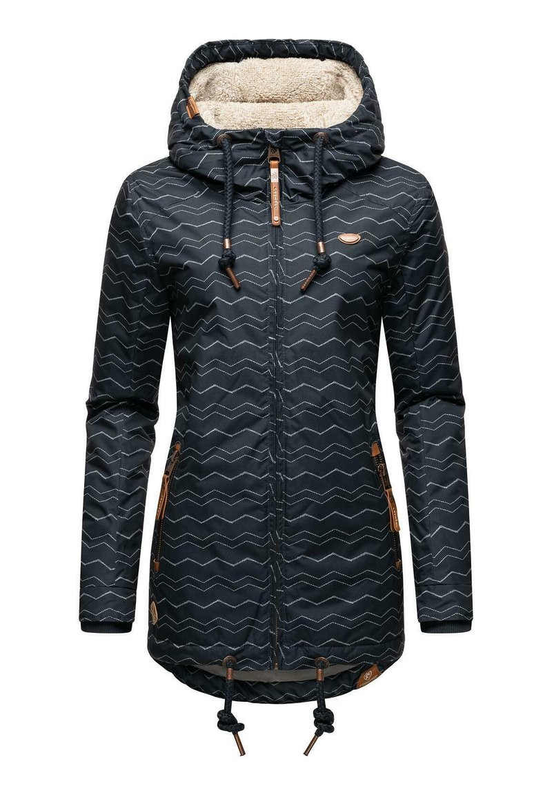 Giacca blu navy con motivo a zigzag, cappuccio foderato in pelliccia, vita regolabile con cordino e dettagli in metallo marrone. Maniche lunghe con polsini.