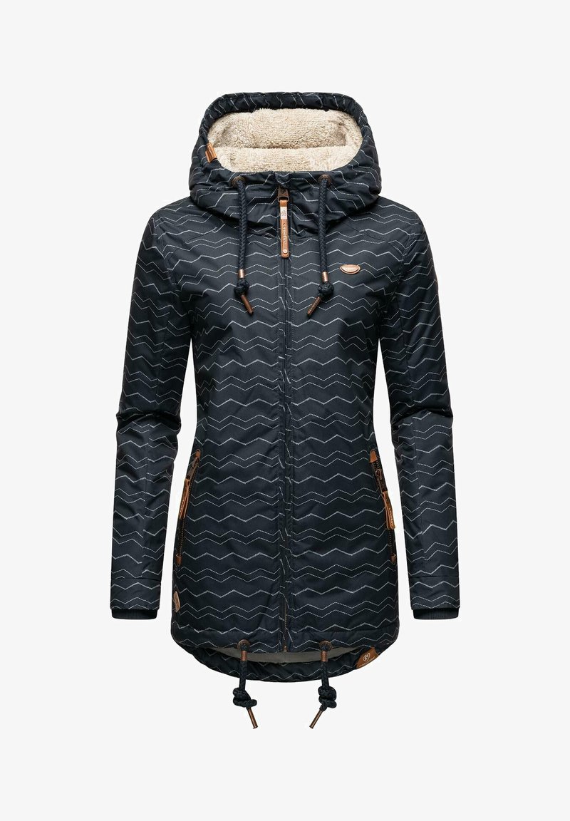 Navy blue jacket with a zigzag pattern, fur-lined hood, drawstring waist, and brown accent hardware. Long sleeves with cuffs.
