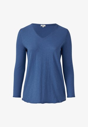 Long-sleeve V-neck top made of soft blue fabric, featuring a relaxed fit and subtle texture. Hemline is slightly curved at the bottom.