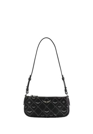 Borsa a tracolla nera con motivi argentati di ali e corona, chiusura con cerniera e tracolla regolabile.