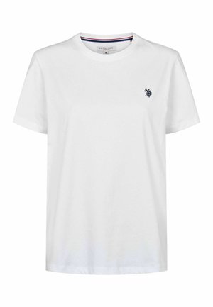 Fehér, rövid ujjú, kerek nyakú póló, bal mellrészen kis fekete polo játékos logóval és csíkos díszítéssel a gallér belsejében.