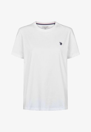 Fehér, rövid ujjú, kerek nyakú póló, bal mellrészen kis fekete polo játékos logóval és csíkos díszítéssel a gallér belsejében.