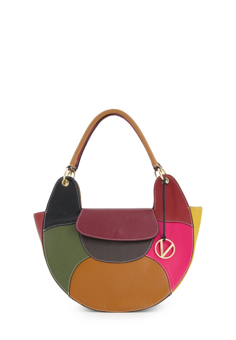 Lederen handtas met een patchwork ontwerp in verschillende kleuren: groen, zwart, rood, bruin, oranje, roze en geel. Inclusief gouden hardwareaccent.