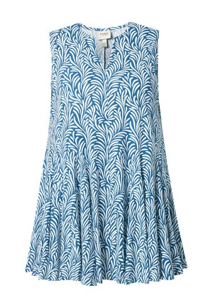 Ärmelloses blaues Kleid mit weißem blattähnlichem Muster, rundem Ausschnitt mit kleinem vorderem Schlitz und ausgestelltem, plissiertem Rock.