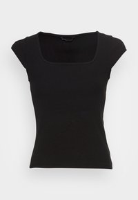Zwarte geribbelde tanktop met een vierkante halslijn en kapmouwen. Strakke pasvorm. Gladde textuur met een consistent patroon.