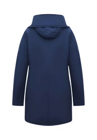 Marineblauwe lange jas met capuchon, rechte snit en lange mouwen, gezien van de achterkant tegen een witte achtergrond.