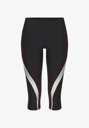 Schwarze Capri-Leggings aus elastischem Material mit weißen und roten Akzentstreifen an den Seiten. Der hohe Bund sorgt für einen sicheren Sitz.