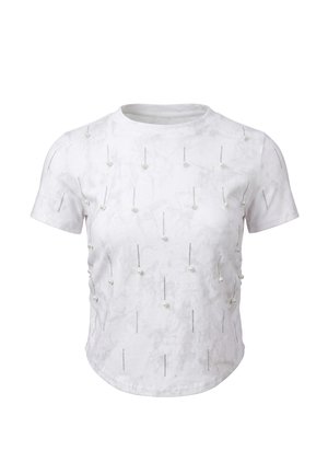 White short-sleeve t-shirt with subtle marbled pattern, decorated with vertical rows of pearls and small rhinestones across the front and sleeves.