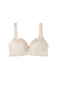 Beżowy biustonosz z fiszbinami, z koronkowymi zdobieniami, falistymi krawędziami i teksturowaną tkaniną. Regulowane ramiączka pozwalają na dopasowanie do indywidualnych potrzeb.