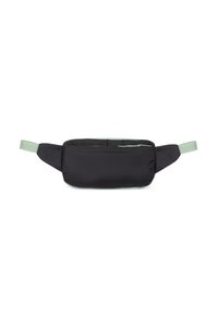 Marsupio di stoffa nera con dettagli verde menta. Forma rettangolare, con una tasca con zip e le cinture regolabili su entrambi i lati.