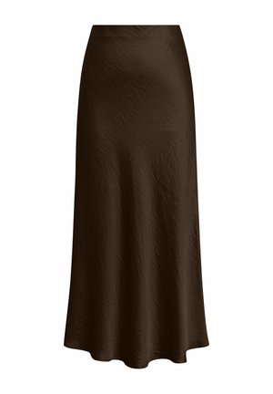 Jupe midi taille haute marron foncé en tissu lisse légèrement texturé avec une silhouette fluide en ligne A.
