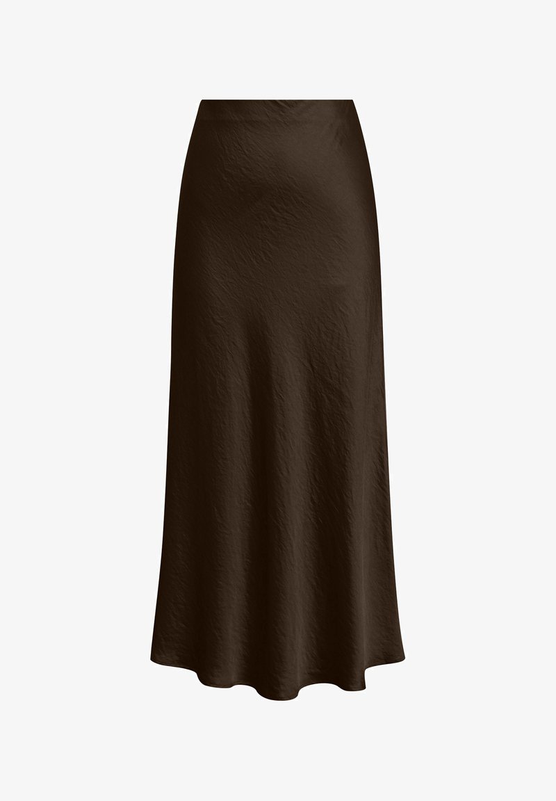 Jupe midi taille haute marron foncé en tissu lisse légèrement texturé avec une silhouette fluide en ligne A.