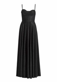 Czarna, długa do podłogi sukienka z cienkimi ramiączkami, zdobionym gorsetem i rozkloszowanym dołem wykonana z fakturowanej, błyszczącej tkaniny.