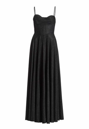 Czarna, długa do podłogi sukienka z cienkimi ramiączkami, zdobionym gorsetem i rozkloszowanym dołem wykonana z fakturowanej, błyszczącej tkaniny.