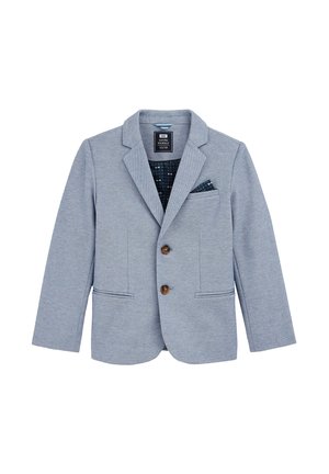 Lysblå blazer med et struktureret stof, notched klapper, to foran lommer og to brune knapper; har et mønstret indre og lommeslynge.