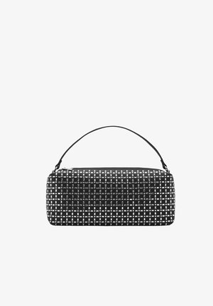 Borsa a mano rettangolare nera con un design strutturato, caratterizzata da un motivo a griglia di quadrati bianchi. Include un manico singolo. Texture liscia.
