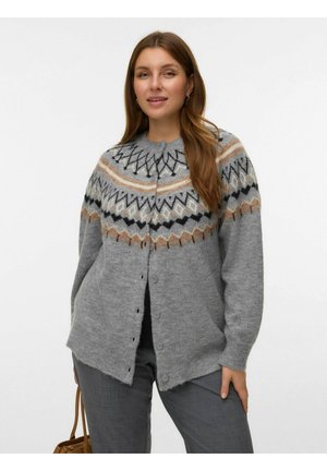 Grijze gebreide cardigan met een gestructureerde schouderpas in beige, zwart en crème. Voorzien van knopen aan de voorkant en geribbelde manchet. Zachte textuur.