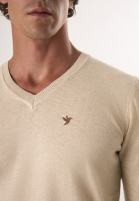 Beżowy sweter typu V-neck wykonany z dzianiny, z małym brązowym logo kolibra na lewej piersi. Miękka tekstura i dopasowany krój.