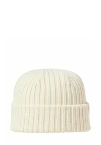 Gorro de punto color crema con textura acanalada y dobladillo. Tejido ligero que ofrece calidez y comodidad para el clima frío.