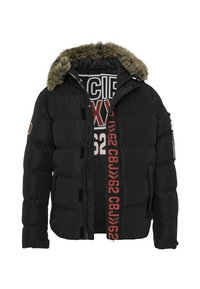 Schwarze Steppjacke mit einem kapuzen mit Pelzbesatz, versehen mit einem vertikalen roten Logostreifen und einem Reißverschluss. Enthält eine Seitentasche mit Reißverschluss.