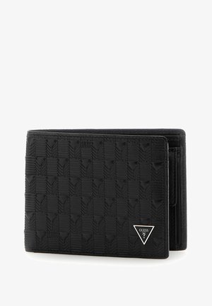 Portefeuille noir avec un motif tressé, fabriqué en matériau texturé. Présente un accent de logo, un design pliable et plusieurs emplacements pour cartes.