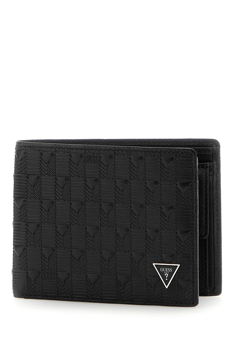 Portefeuille noir avec un motif tressé, fabriqué en matériau texturé. Présente un accent de logo, un design pliable et plusieurs emplacements pour cartes.