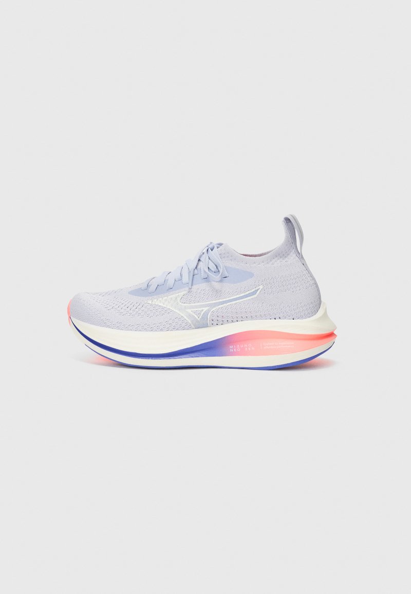 Light purple running shoe with a textured mesh upper, white and pink accents, a thick, multi-colored sole, and traditional lace closure.