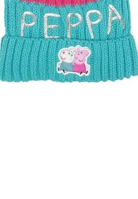 Knit beanie in turquoise with a pink top, featuring the word "PEPPA" in silver and a patch of two cartoon characters on the front.