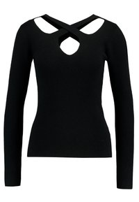 Svart långärmad stickad tröja med rundad halsringning, korskonstruktion och utskärningar vid axlarna och bröstet.