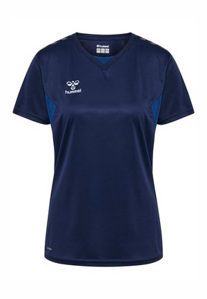 Marineblauw sportshirt gemaakt van een gladde stof, met een V-hals, korte mouwen en contrasterende blauwe zijpanelen. Inclusief logo.