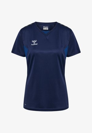 Granatowa koszulka sportowa wykonana z gładkiego materiału, z dekoltem w serek, krótkimi rękawami i kontrastowymi niebieskimi panelami po bokach. Zawiera logo.