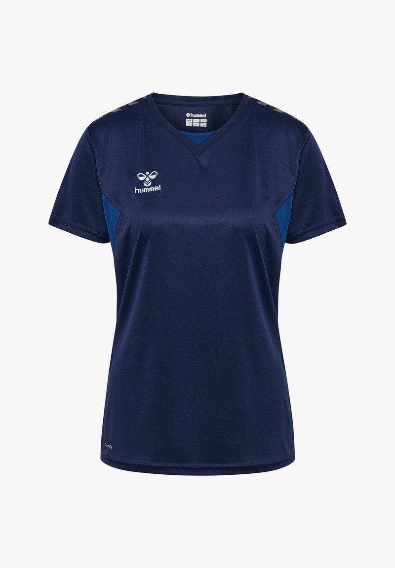 Granatowa koszulka sportowa wykonana z gładkiego materiału, z dekoltem w serek, krótkimi rękawami i kontrastowymi niebieskimi panelami po bokach. Zawiera logo.